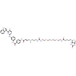 Chemical structure of (3aS,4S,6aR)-N-[(2E)-1-[[4-[[[3-[[5-Chloro-4-(1H-indol-3-yl)-2-pyrimidinyl]amino]phenyl]amino]carbonyl]phenyl]amino]-5-methyl-1,10-dioxo-14,17,20-trioxa-5,9,11-triazadocos-2-en-22-yl]hexahydro-2-oxo-1H-thieno[3,4-d]imidazole-4-pentanamide , CAS 1604811-14-4, AChemBlock AD255109