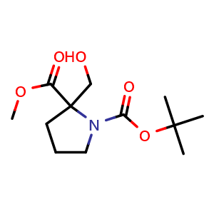 Chemical structure of Methyl 1-Boc-2-(hydroxymethyl)pyrrolidine-2-carboxylate , CAS 1621508-13-1, AChemBlock AD255123