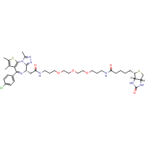 Chemical structure of (6S)-4-(4-Chlorophenyl)-N-[19-[(3aS,4S,6aR)-hexahydro-2-oxo-1H-thieno[3,4-d]imidazol-4-yl]-15-oxo-4,7,10-trioxa-14-azanonadec-1-yl]-2,3,9-trimethyl-6H-thieno[3,2-f][1,2,4]triazolo[4,3-a][1,4]diazepine-6-acetamide , CAS 1635437-52-3, AChemBlock AD255132