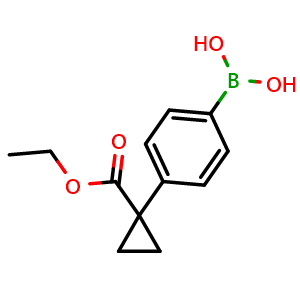 Chemical structure of 4-[1-(Ethoxycarbonyl)cyclopropyl]phenylboronic acid , CAS 1678539-52-0, AChemBlock AD255142