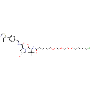 Chemical structure of (2S,4R)-1-((S)-2-(tert-butyl)-22-chloro-4-oxo-10,13,16-trioxa-3-azadocosanoyl)-4-hydroxy-N-(4-(4-methylthiazol-5-yl)benzyl)pyrrolidine-2-carboxamide , CAS 1835705-55-9, AChemBlock AD255222