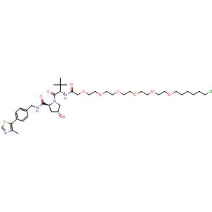 Chemical structure of (2S,4R)-1-((S)-2-(tert-butyl)-27-chloro-4-oxo-6,9,12,15,18,21-hexaoxa-3-azaheptacosanoyl)-4-hydroxy-N-(4-(4-methylthiazol-5-yl)benzyl)pyrrolidine-2-carboxamide , CAS 1835705-59-3, AChemBlock AD255223