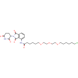 Chemical structure of 6-(2-(2-((6-chlorohexyl)oxy)ethoxy)ethoxy)-N-(2-(2,6-dioxopiperidin-3-yl)-1,3-dioxoisoindolin-4-yl)hexanamide , CAS 1835705-69-5, AChemBlock AD255224