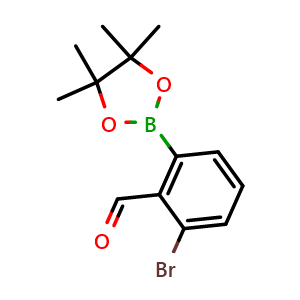 Chemical structure of 2-Bromo-6-(4,4,5,5-tetramethyl-1,3,2-dioxaborolan-2-yl)benzaldehyde , CAS 1844839-23-1, AChemBlock AD255229