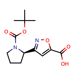 Chemical structure of (R)-3-(1-Boc-2-pyrrolidinyl)isoxazole-5-carboxylic acid , CAS 1892520-60-3, AChemBlock AD255246