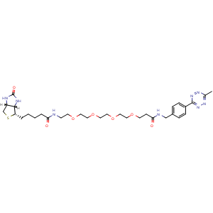 Chemical structure of 21-[(3aS,4S,6aR)-Hexahydro-2-oxo-1H-thieno[3,4-d]imidazol-4-yl]-N-[[4-(6-methyl-1,2,4,5-tetrazin-3-yl)phenyl]methyl]-17-oxo-4,7,10,13-tetraoxa-16-azaheneicosanamide , CAS 1962919-31-8, AChemBlock AD255268