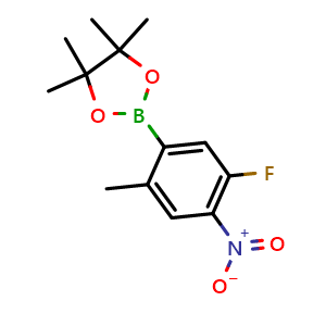 Chemical structure of 2-(5-Fluoro-2-methyl-4-nitrophenyl)-4,4,5,5-tetramethyl-1,3,2-dioxaborolane , CAS 1979186-82-7, AChemBlock AD255274