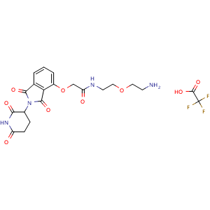 Chemical structure of N-(2-(2-aminoethoxy)ethyl)-2-((2-(2,6-dioxopiperidin-3-yl)-1,3-dioxoisoindolin-4-yl)oxy)acetamide 2,2,2-trifluoroacetate , CAS 2022182-60-9, AChemBlock AD255285