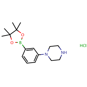 Chemical structure of 1-(3-(4,4,5,5-tetramethyl-1,3,2-dioxaborolan-2-yl)phenyl)piperazine hydrochloride , CAS 2088169-24-6, AChemBlock AD255308