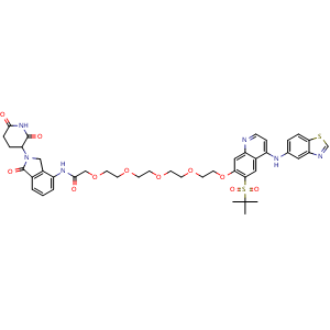 Chemical structure of 14-((4-(Benzo[d]thiazol-5-ylamino)-6-(tert-butylsulfonyl)quinolin-7-yl)oxy)-N-(2-(2,6-dioxopiperidin-3-yl)-1-oxoisoindolin-4-yl)-3,6,9,12-tetraoxatetradecanamide , CAS 2089205-64-9, AChemBlock AD255310