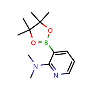 Chemical structure of N,N-dimethyl-3-(4,4,5,5-tetramethyl-1,3,2-dioxaborolan-2-yl)-2-pyridinamine , CAS 2096336-49-9, AChemBlock AD255350