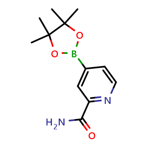 Chemical structure of 4-(4,4,5,5-Tetramethyl-1,3,2-dioxaborolan-2-yl)-2-pyridinecarboxamide , CAS 2096994-97-5, AChemBlock AD255372
