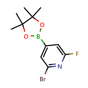 Chemical structure of 2-Bromo-6-fluoropyridine-4-boronic acid pinacol ester , CAS 2223035-36-5, AChemBlock AD255428