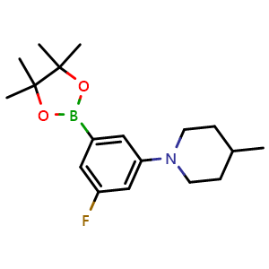 Chemical structure of 3-Fluoro-5-(4-methyl-1-piperidyl)phenylboronic acid pinacol ester , CAS 2223036-68-6, AChemBlock AD255429