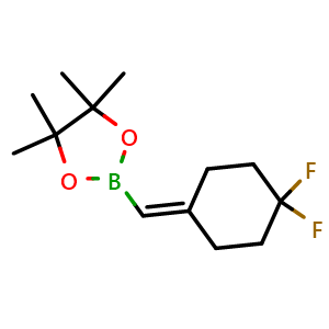 Chemical structure of 2-[(4,4-Difluorocyclohexylidene)methyl]-4,4,5,5-tetramethyl-1,3,2-dioxaborolane , CAS 2246650-11-1, AChemBlock AD255467