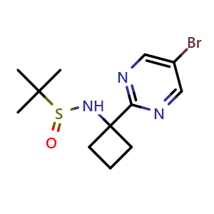 Chemical structure of N-[1-(5-Bromo-2-pyrimidinyl)cyclobutyl]-2-methylpropane-2-sulfinamide , CAS 2248726-84-1, AChemBlock AD255481