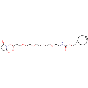Chemical structure of 1-(Bicyclo[6.1.0]non-4-yn-9-ylmethyl) 17-(2,5-dioxo-1-pyrrolidinyl) 5,8,11,14-tetraoxa-2-azaheptadecanedioate , CAS 2252422-32-3, AChemBlock AD255484