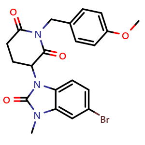 Chemical structure of 3-(5-Bromo-3-methyl-2-oxo-2,3-dihydro-1H-benzo[d]imidazol-1-yl)-1-(4-methoxybenzyl)piperidine-2,6-dione , CAS 2300099-97-0, AChemBlock AD255500