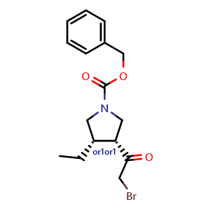 Chemical structure of rel-Phenylmethyl (3R,4S)-3-(2-bromoacetyl)-4-ethyl-1-pyrrolidinecarboxylate , CAS 2304514-69-8, AChemBlock AD255501