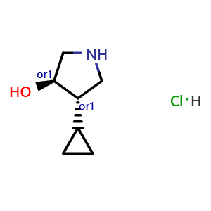Chemical structure of trans-4-Cyclopropylpyrrolidin-3-ol hydrochloride , CAS 2307752-04-9, AChemBlock AD255509