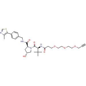 Chemical structure of (2S,4R)-1-((S)-2-(tert-Butyl)-4-oxo-7,10,13-trioxa-3-azahexadec-15-ynoyl)-4-hydroxy-N-(4-(4-methylthiazol-5-yl)benzyl)pyrrolidine-2-carboxamide , CAS 2374122-30-0, AChemBlock AD255537