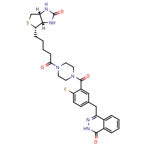 Chemical structure of 4-({4-Fluoro-3-[(4-{1-oxo-5-[(3aS,4S,6aR)-2-oxo-2,3,3a,4,6,6a-hexahydro-1H-thieno[4,3-d]imidazol-4-yl]pentyl}piperazin-1-yl)carbonyl]phenyl}methyl)-1,2-dihydrobenzo[d][1,2]diazin-1-one , CAS 2375736-33-5, AChemBlock AD255542