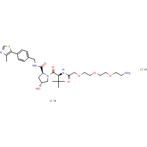 Chemical structure of (2S,4R)-1-((S)-14-amino-2-(tert-butyl)-4-oxo-6,9,12-trioxa-3-azatetradecanoyl)-4-hydroxy-N-(4-(4-methylthiazol-5-yl)benzyl)pyrrolidine-2-carboxamide dihydrochloride , CAS 2376990-24-6, AChemBlock AD255544
