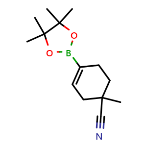 Chemical structure of 4-Cyano-4-methyl-1-cyclohexeneboronic acid pinacol ester , CAS 2377299-44-8, AChemBlock AD255547