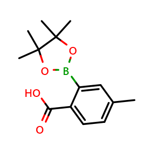 Chemical structure of 4-Methyl-2-(tetramethyl-1,3,2-dioxaborolan-2-yl)benzoic acid , CAS 2377608-70-1, AChemBlock AD255563