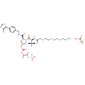 Chemical structure of S-(3-(((((3R,5S)-1-((S)-14-amino-2-(tert-butyl)-4-oxo-6,9,12-trioxa-3-azatetradecanoyl)-5-((4-(4-methylthiazol-5-yl)benzyl)carbamoyl)pyrrolidin-3-yl)oxy)carbonyl)oxy)butan-2-yl) methanesulfonothioate 2,2,2-trifluoroacetate , CAS 2417370-48-8, AChemBlock AD255611