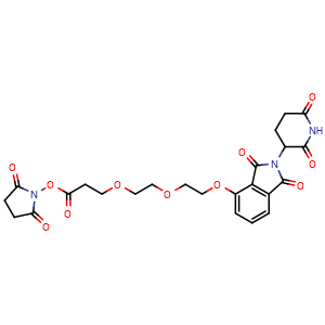 Chemical structure of 2,5-Dioxopyrrolidin-1-yl 3-(2-(2-((2-(2,6-dioxopiperidin-3-yl)-1,3-dioxoisoindolin-4-yl)oxy)ethoxy)ethoxy)propanoate , CAS 2639395-34-7, AChemBlock AD255642