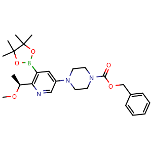 Chemical structure of Benzyl (S)-4-[6-(1-methoxyethyl)-5-(4,4,5,5-tetramethyl-1,3,2-dioxaborolan-2-yl)pyridin-3-yl]piperazine-1-carboxylate , CAS 2641451-79-6, AChemBlock AD255646