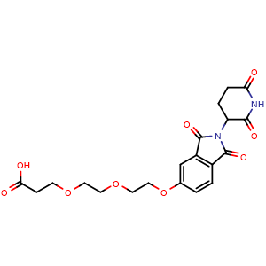 Chemical structure of 3-(2-(2-((2-(2,6-dioxopiperidin-3-yl)-1,3-dioxoisoindolin-5-yl)oxy)ethoxy)ethoxy)propanoic acid , CAS 2682112-08-7, AChemBlock AD255651