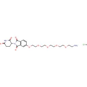 Chemical structure of 1H-Isoindole-1,3(2H)-dione, 5-[(14-amino-3,6,9,12-tetraoxatetradec-1-yl)oxy]-2-(2,6-dioxo-3-piperidinyl)-, hydrochloride , CAS 2703775-06-6, AChemBlock AD255654