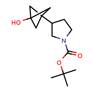 Chemical structure of 1-Boc-3-(3-hydroxybicyclo[1.1.1]pentan-1-yl)pyrrolidine , CAS 2751620-69-4, AChemBlock AD255662