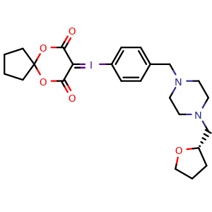 Chemical structure of (S)-8-[[4-[[4-[(2-Tetrahydrofuryl)methyl]-1-piperazinyl]methyl]phenyl]-l3-iodaneylidene]-6,10-dioxaspiro[4.5]decane-7,9-dione , CAS 2768496-91-7, AChemBlock AD255677