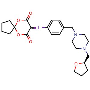 Chemical structure of (R)-8-[[4-[[4-[(2-Tetrahydrofuryl)methyl]-1-piperazinyl]methyl]phenyl]-l3-iodaneylidene]-6,10-dioxaspiro[4.5]decane-7,9-dione , CAS 2768496-93-9, AChemBlock AD255678