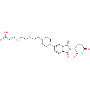 Chemical structure of 3-(2-(2-(4-(2-(2,6-dioxopiperidin-3-yl)-1,3-dioxoisoindolin-5-yl)piperazin-1-yl)ethoxy)ethoxy)propanoic acid , CAS 2797430-20-5, AChemBlock AD255687