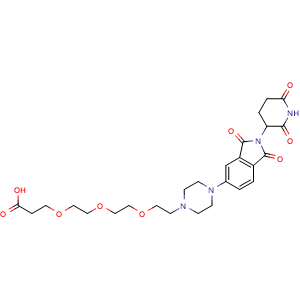 Chemical structure of 3-[2-[2-[2-[4-[2-(2,6-Dioxo-3-piperidinyl)-2,3-dihydro-1,3-dioxo-1H-isoindol-5-yl]-1-piperazinyl]ethoxy]ethoxy]ethoxy]propanoic acid , CAS 2797619-63-5, AChemBlock AD255688