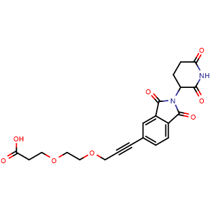 Chemical structure of 3-(2-((3-(2-(2,6-dioxopiperidin-3-yl)-1,3-dioxoisoindolin-5-yl)prop-2-yn-1-yl)oxy)ethoxy)propanoic acid , CAS 2797619-65-7, AChemBlock AD255689