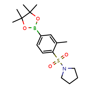 Chemical structure of 1-[2-Methyl-4-(4,4,5,5-tetramethyl-[1,3,2]dioxaborolan-2-yl)-benzenesulfonyl]-pyrrolidine , CAS 2828440-14-6, AChemBlock AD255704