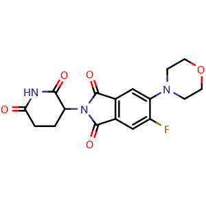 Chemical structure of 2-(2,6-Dioxopiperidin-3-yl)-5-fluoro-6-morpholinoisoindoline-1,3-dione , CAS 2924858-58-0, AChemBlock AD255732