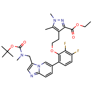 Chemical structure of Ethyl 4-(2-(6-(3-(((tert-butoxycarbonyl)(methyl)amino)methyl)imidazo[1,2-a]pyridin-6-yl)-2,3-difluorophenoxy)ethyl)-1,5-dimethyl-1H-pyrazole-3-carboxylate , CAS 3032302-31-8, AChemBlock AD255749