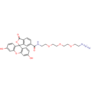 Chemical structure of N-(2-(2-(2-(2-azidoethoxy)ethoxy)ethoxy)ethyl)-3',6'-dihydroxy-3-oxo-3H-spiro[isobenzofuran-1,9'-xanthene]-6-carboxamide , CAS 412319-45-0, AChemBlock AD255806