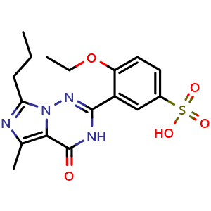 Chemical structure of 4-Ethoxy-3-(5-methyl-4-oxo-7-propyl-3H-imidazo[5,1-f][1,2,4]triazin-2-yl)benzenesulfonic acid , CAS 437717-43-6, AChemBlock AD255815