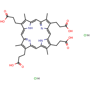 Chemical structure of 3,3',3'',3'''-(3,8,13,17-Tetramethylporphyrin-2,7,12,18-tetrayl)tetrapropionic acid dihydrochloride , CAS 68938-73-8, AChemBlock AD255909
