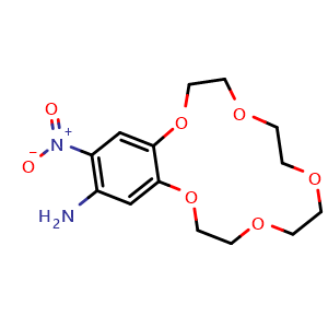 Chemical structure of 2,3,5,6,8,9,11,12-Octahydro-16-nitro-1,4,7,10,13-benzopentaoxacyclopentadecin-15-amine , CAS 77001-50-4, AChemBlock AD255936