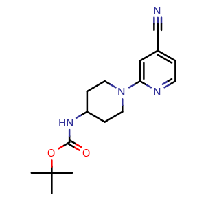 Chemical structure of 2-[4-(Boc-amino)-1-piperidyl]isonicotinonitrile , CAS 848500-10-7, AChemBlock AD255963