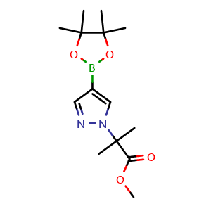 Chemical structure of 2-Methyl-2-[4-(4,4,5,5-tetramethyl-[1,3,2]dioxaborolan-2-yl)-pyrazol-1-yl]-propionic acid methyl ester , CAS 877399-11-6, AChemBlock AD256019