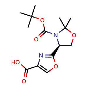 Chemical structure of 2-[(4S)-3-[(1,1-Dimethylethoxy)carbonyl]-2,2-dimethyl-4-oxazolidinyl]-4-oxazolecarboxylic acid , CAS 890403-75-5, AChemBlock AD256037